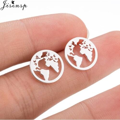 Jisensp Stainless Steel World Map Stud Earrings for Women Travel Gift Vintage Globetrotter Earth Handmade Jewelry oorbellen