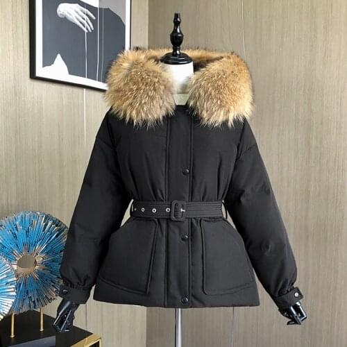 2021 Large Raccoon Fur Collar Hooded Short Female Winter Feather Down Coat Women 90% Duck Down Jacket Winter Puffer Parka