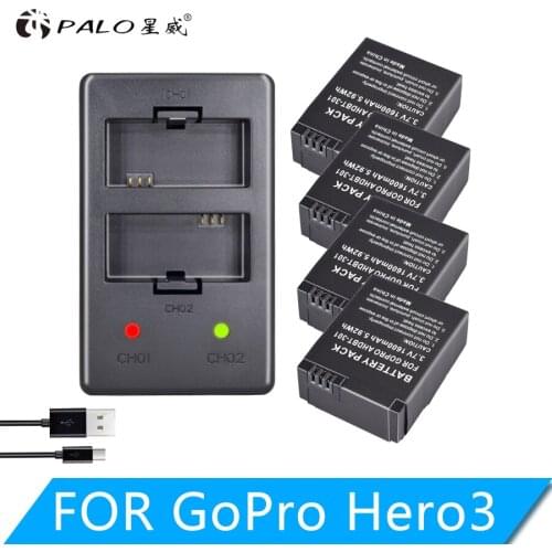 PALO 4PC 1600mAh AHDBT-301 AHDBT-302 Rechargeable Battery + LCD USB Charger for AHDBT 301 302 Gopro Hero 3 Hero 3+ Go Pro Hero 3