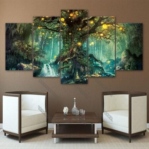 5Pcs Hd Printed Oil Canvas Painting Wall Poster Wishing Tree Magic and Enchanted Forest Landscape for Home Rooms Wall Decoration