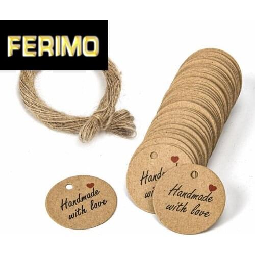 100pcs Handmade with love Hand Made Sticker Kraft Paper Gift Tag Wedding Decoration Wrapping Tag With Jute Twine Hang Price Tags
