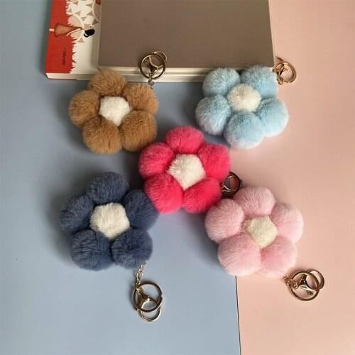 Cute Cartoon Flower Fur Ball Keychain Imitation Rabbit Fur Ball Pendant Color Plush Car KeyRing Bag Ornament Decoration Gift