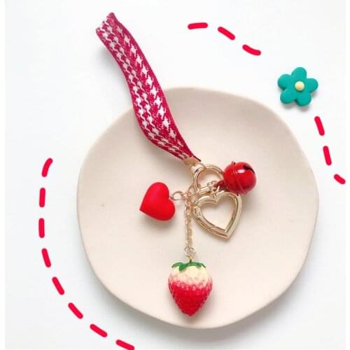 Cute Strawberry with Love Ribbon Keychain Kawaii Airpods Key Chain Accessories Pendant For Clothes Backpack Keyring Phone Charm