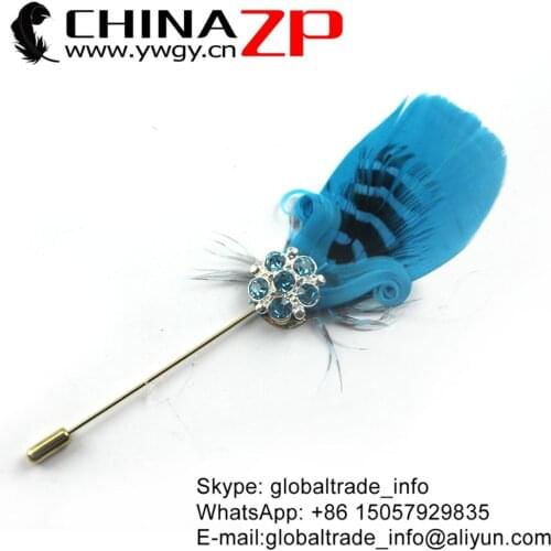 CHINAZP Factory Fashion Turquoise Dyed Goose Trimmed Feathers with Rhinestone Handmade Brooch Pin