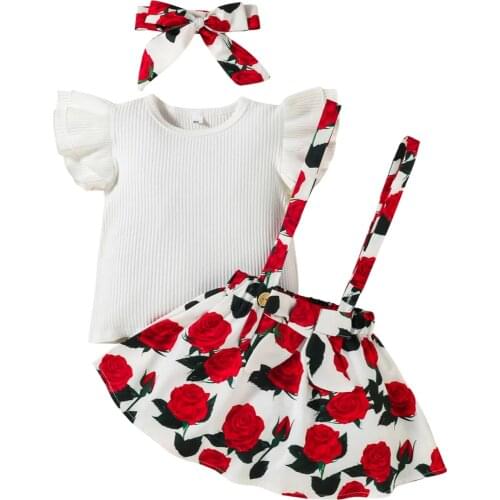 Infant Kids Baby Girl’s Three Piece Suit Fresh Solid Color Fly Sleeve T-shirt and Flower Suspender Skirt with Headband 1-6T