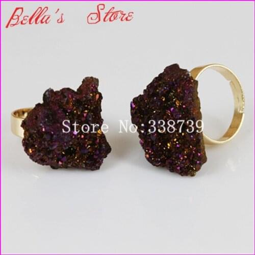 Beautiful Dark Purple Titanium Quartz Druzy Ring Gold Color Bezel Adjustable Ring Quartz Finger Ring Gems Drusy Nature Ring