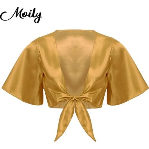 Summer Fashion Womens Half Sleeve Satin Crop Top Solid Color Casual Shirt Deep V Neck Elegant Shirts Blouses Street Daily Wear