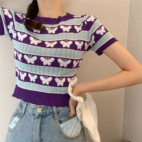 Retro Color Matching Striped Butterfly Print Crop Tops All-match Loose Thin Short Knitted Short-sleeved T-shirt Women