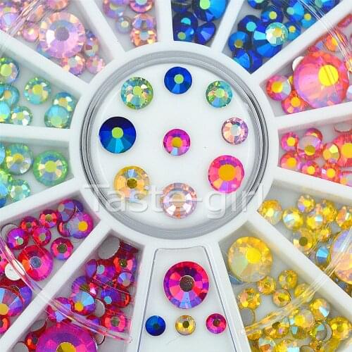 6 colors mixed sizes Nail Rhinestone Studs Round glitter Flat Bottom For Manicure DIY Tips Nail Art Decoration in Wheel