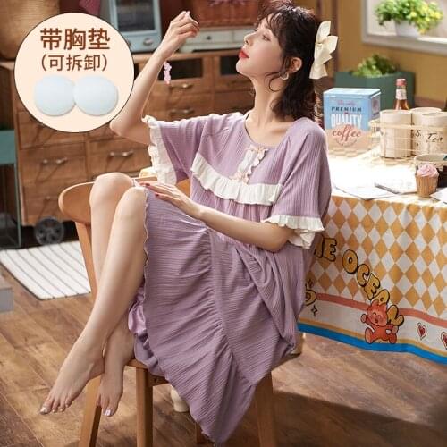 Summer nightdress womens cotton short sleeve thin style with bra sweet and lovely Korean loose oversize can wear home clothes