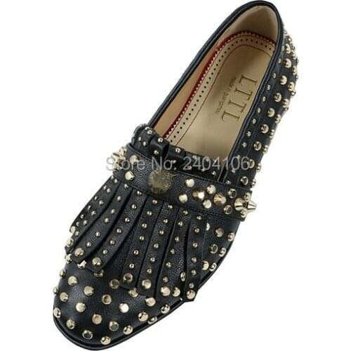 LTTL Brand Design Zapatillas Hombre Studded Fringe Tassel Loafers Slip On Casual Shoes Male Golden Rivet Black Leather Shoes Men