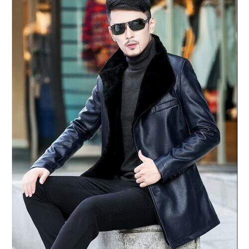 Mens Business Leather Casual Mid Long Jacket Coat Slim Fur Lined B15