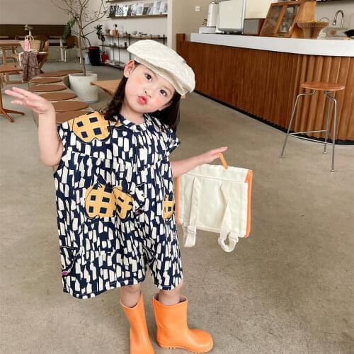 2021 New Girls Summer Jumpsuit One-Piece Fashion Printed Single Breasted Toddler Kids ChildrenS Baby Personality Rompers
