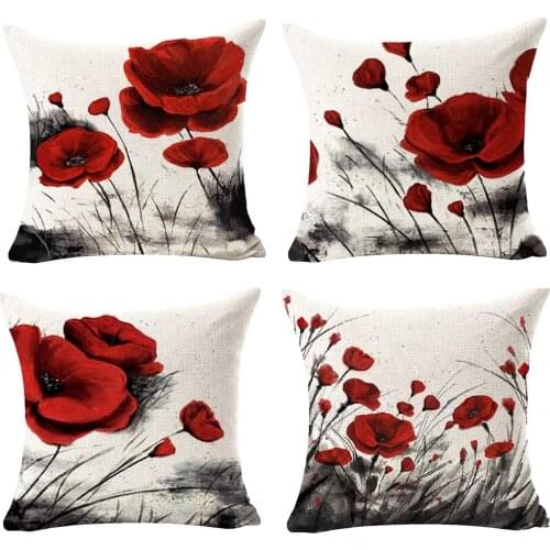 Charming Watercolor Oil Ink Painting Red Poppy Flower Cotton Linen Throw Pillow Case Cover Decorative for Sofa Square 18 Inch