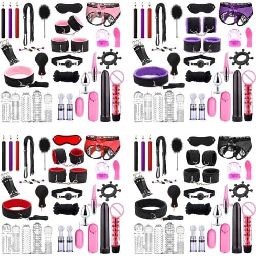 Adult Bed Game Set Safety Womens Mens Comfortable Bondage Romance BDSM Sex Toys Kit Vibrator Blindfold Rope Breast Clamp