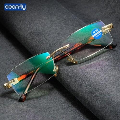 Seemfly New Anti Blue Light Reading Glasses Ultralight Rimless Clear Lens Presbyopia Glasses Men Women Diopters +1.0 +3.0 +4.0