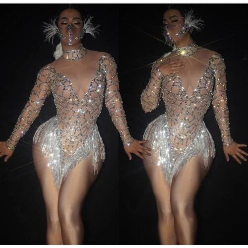Sexy Skin Nude Mesh Rhinestone Bodysuit Women Nightclub Party Crystal Tassel Dance Leotard DJ Showgirl Stage Performance Wear