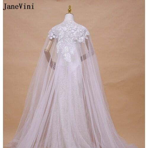 JaneVini 2020 Romantic 3M Long Bride Bolero Ivory Tulle Shawls and Wraps Cape Femme Sequined Beaded Summer Wedding Accessories