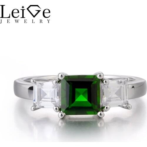 Leige Jewelry Chrome Diopside Ring 925 Sterling Silver Wedding Engagement Rings Classic for Women Green Gemstone Square Cut