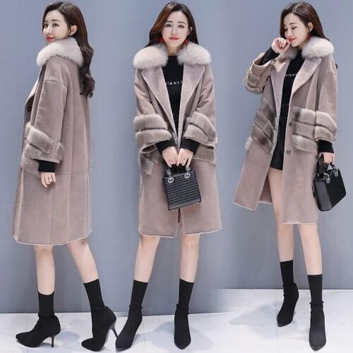 Lapel Lamb Wool Coat Womens Mid-length 2020 New Winter Clothes Korean Fashion Loose Plus Velvet Patchwork Thick Fur Coat y264