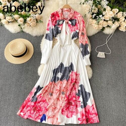 Boho Women Floral Printed dress Bow neck long sleeve A line dresses spring Bohemian Vacation Dress