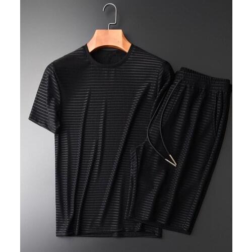 21C Summer Male Sets (T-SHIRTS+SHORTS) Plus Size 4XL Luxury Thin Stripes Short Sleeve Mans Sets Slim Mens Sets With Shorts