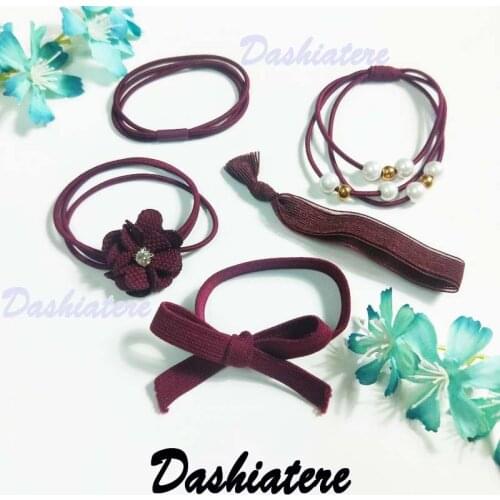 5pcs/lot Flower Wine Red Elastic Bands Hoop for Hair Accessories Women Bow Knot Headbands Pearl Head Pieces Ponytail Holders