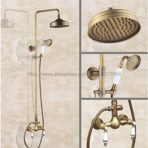 Antique Brass 8 inch Rain Shower head Shower Faucet Set Double Handle Bathroom Shower Mixer Taps Nan107
