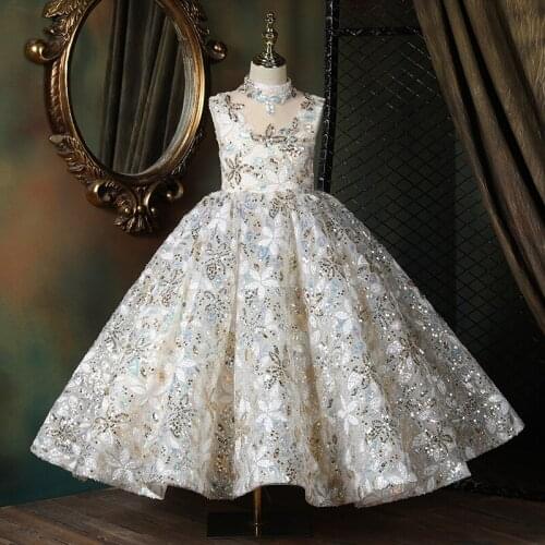 Flower Girl Dresses Illusion Sequined Button High Sleeveless Princess Floor-Length Tulle Lace Luxury White Kids Party Gown H617