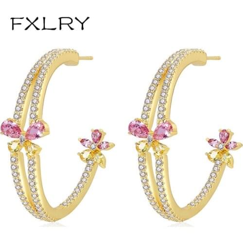 FXLRY Fashion Big Flower Stud Earrings Pink and Yellow Cubic Zirconia Earrings for Women Party Jewelry