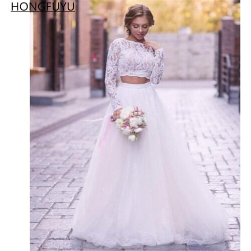 HONGFUYU Two Pieces Lace Wedding Dress свадебное платье Long Sleeves Sexy Tulle Bridal Gowns robe de mariée White/Ivory Custom