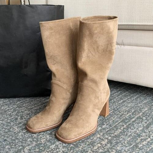LAIGZEM Celebrity Women Mid Calf Slouch Boots Suede Cork Print Chunky Heels Short Booties Casual Ladies Shoes Woman Size 39 40