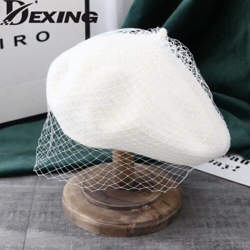 Autumn Winter Lace Mesh Woolen Beret British Retro Painter Hat Korean Version Japanese Sheers Beret Hat