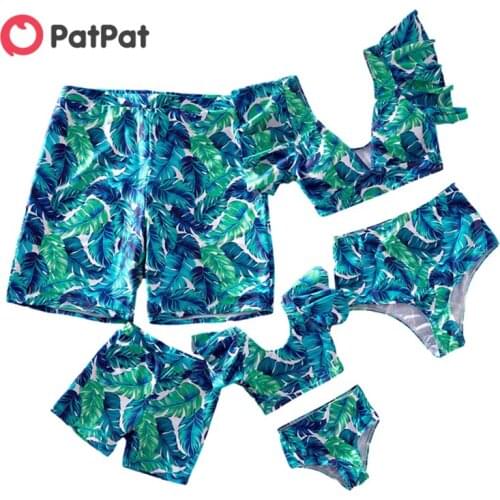 PatPat 2021 New Summer Leaf Print Ruffled Sleeves Family Matching Swimsuits Family Look Clothing