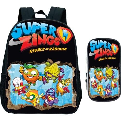 Kids Game Super Zings Kindergarten Backpack Child Superzings Primary School Bag Toddler Bookbag 2pcs Set Gift(Rucksack Pen Bag)