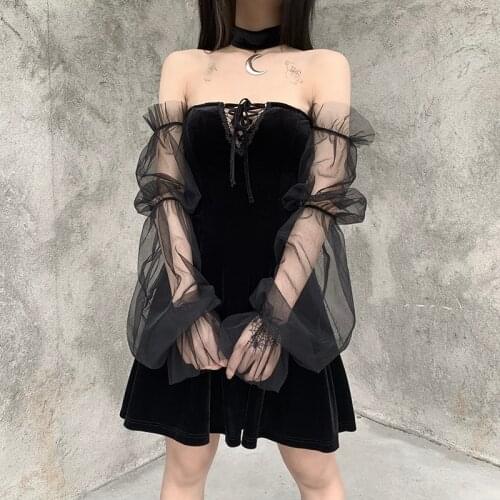 Sexy Strapless Dress Women Party Black Frock Stitching Gauze Sleeve Gothic Punk Streetwear Vintage Velvet Pleated Dress