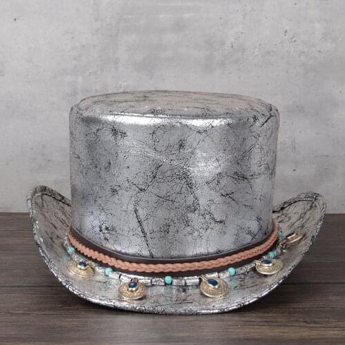 100% Leather Women Men Top Hat President Lday Fedora Hat Magic Flat Steampunk Cosplay Pork Pie Party Caps Dropshiping 13CM