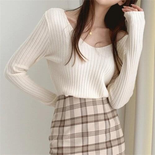 Alien Kitty Bottoming Chic Solid Sweaters Knitted V-Neck Elastic 2021 Autumn Femme Elegant Tops Mujer Outwear New Slim Casual