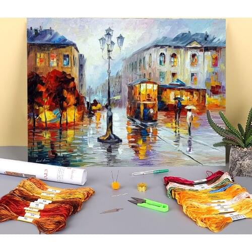 Evening - Trolley On The Squre Printed Canvas 11CT Cross-Stitch Embroidery Full Kit DMC Threads Handmade Craft Jewelry