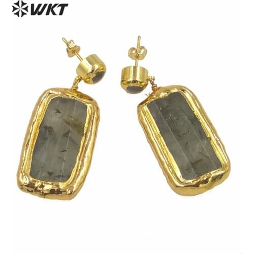 WT-E546 Grape Amethysts Rose Crystal Earring Rectangle Shape Gem Slice With Gold Electroplated Women Fashion Earring Jewelry