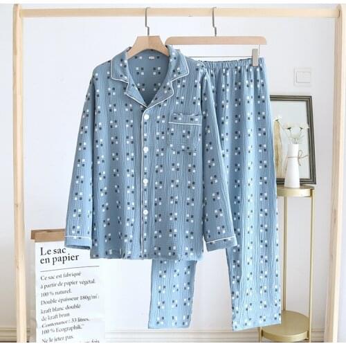 Spring / Autumn Washed Crepe Womens Pajamas Long-sleeved Trouser Suits Thin Cotton Gauze Couple 2-piece Sleepwear Home Clothes