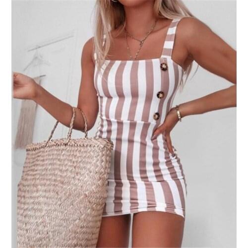 Women Vintage Sleeveless Strappy Vertical Stripes Buttons Bodycon Sling Dress