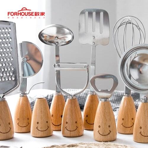 11pcs/set Smile Face Kitchenware Utensils Set DIY Baking Set Wooden Handle Gadget Set Fork Spoon Shovel Pizza Cutter
