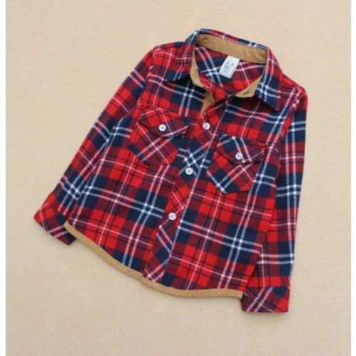 Free Shipping- retail classic kids red plaid shirt w fashion brown corduroy patch on sleeve, kids thin coat(MOQ: 1pc)
