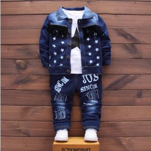 Baby Boys Girls Clothes Sets Fashionable Tassel Denim Coats +Shirt + Jeans Pants 3Pcs Clothing Sets Children Clothing Spring