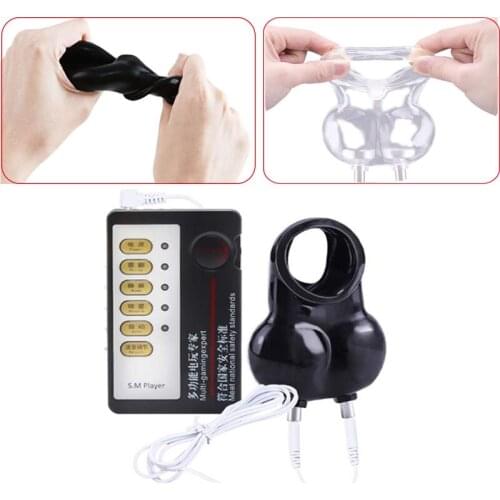 Electric Shock Scrotum Ball Stretcher Chastity Device Cock Cage Electro Stimulation Penis Ring SM Male Delay Masturbator Sex Toy