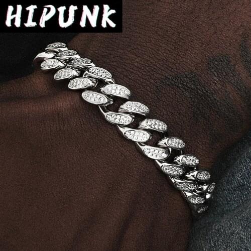 HIPUNK Bling Chram Miami Cuban Bracelets Gold Color Iced Out Rhinestones Hiphop Mens Bracelet Fashion Jewelry