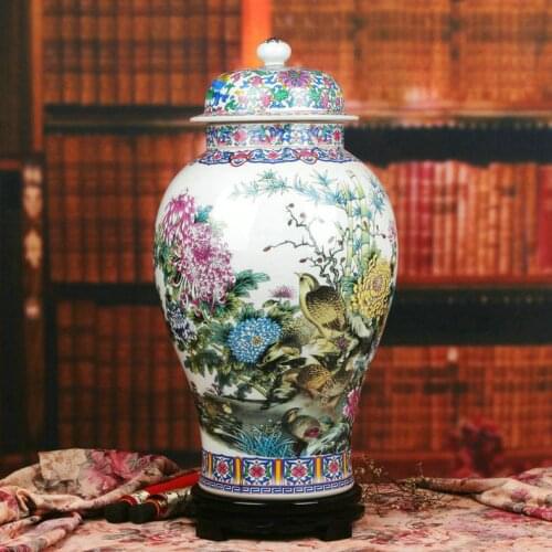 Jingdezhen Chinese Classical Pastel Peace Picture Peony Large Modern Household Decoration floor ceramic jar temple jar vase