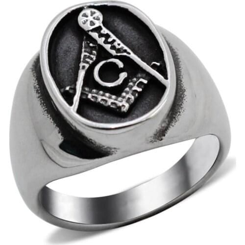 Vintage Black Stainless Steel Men Ring Big Free Mason Freemasonry Masonic AG Retro Punk Silver Color Titanium Male Ring Jewelry