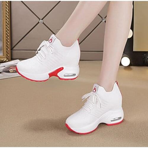 Womens Vulcanized Rubber Sole Shoes Height Increasing Sneakers Autumn Knitted Breathable Lace Up Female Shoes Ladies Footwear